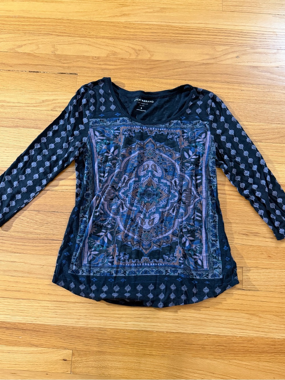 Lucky Brand Black Long Sleeve Top with Blue & Purple Medallion Print